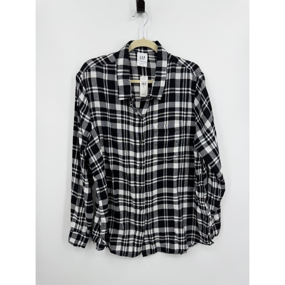 GAP‎ LS Drapey Flannel Button Down Shirt Women XL Black Plaid G770157
